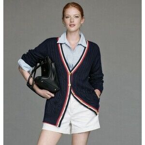 Brooks Brothers Cardigan Women S Navy Supima Cotton Cable Knit V Neck Tennis